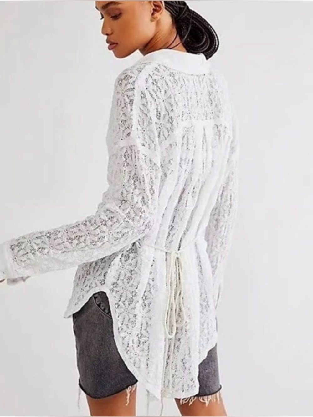 Free People Must Have Tunic M White Sheer Lace Button Front Tie Back Top NWT - Picture 2 of 12